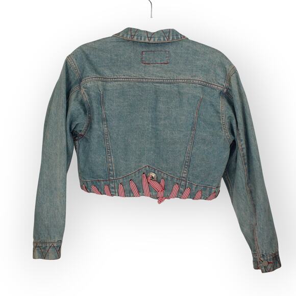 Vtg M/L HystericEtVous Crop Denim JeanJacket Western Gingham Red Cowgirl Light - Picture 3 of 14
